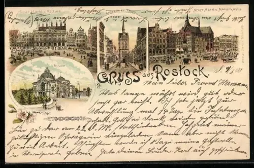 Lithographie Rostock, Neuer Markt, Rathaus, Kröpeliner Tor, Theater