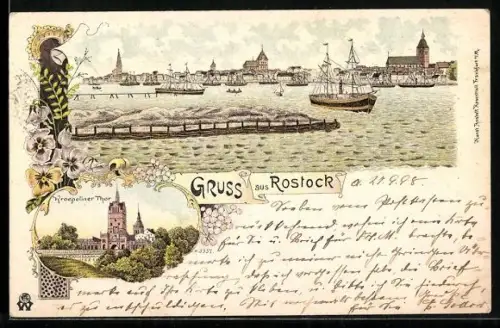 Lithographie Rostock, Kroepeliner Thor und Flusspartie