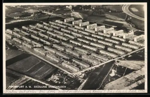 AK Frankfurt-Praunheim, Fliegeraufnahme der Siedlung Westhausen, Bauhaus