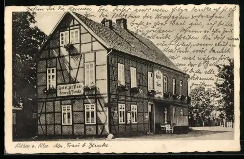 AK Ahlden /Aller, Hotel zur Post Heinrich Blanke mit Strasse
