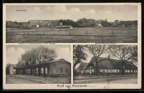 AK Bramstedt, Gasthof - Kolonialwarengeschäft von Chr. Hansen, Gehöft Thomas Hansen, Dorfansicht