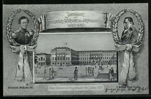 AK Berlin, Jubiläum Friedrich Wilhelms Universität, Universitätsgebäude 1810, Friedrich Wilhelm 3., Rektor Fichte