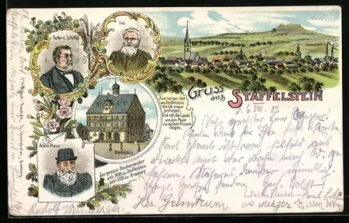 Lithographie Staffelstein / Bayern, Rathaus, Ortsansicht, Adam Riese, Victor v. Scheffel, Ivo