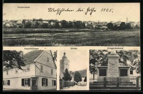 AK Molschleben b. Gotha, Geschäftshaus, Kirche, Kriegerdenkmal