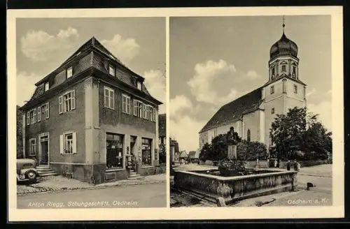 AK Oedheim a. K., Schuhgeschäft Anton Riegg, Ansicht der Kirche