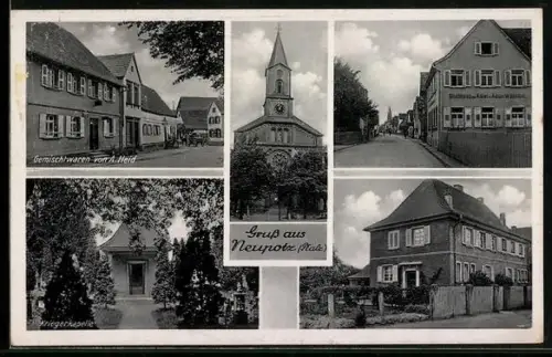 AK Neupotz /Pfalz, Gemischtwaren A. Heid, Kriegerkapelle, Kirche
