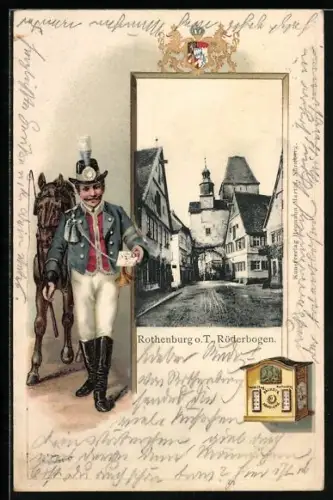 AK Rothenburg / Tauber, Briefträger mit Pferd, Blick auf den Röderbogen