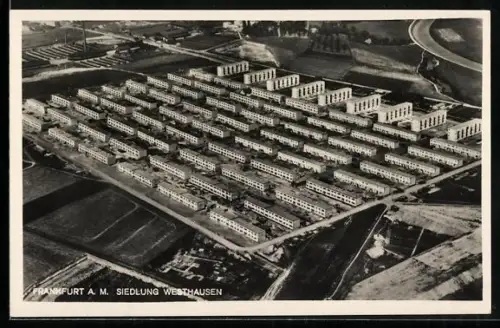 AK Frankfurt-Praunheim, Fliegeraufnahme der Siedlung Westhausen, Bauhaus