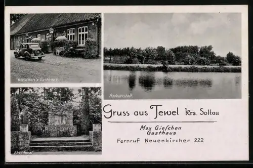 AK Tewel /Soltau, Gasthaus von Max Gieschen mit Auto, Ehrenmal, Badeanstalt