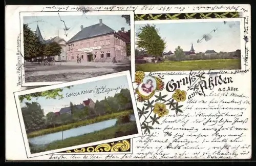 Lithographie Ahlden, Schloss, Gasthaus v. Aug. Asche, Ortspartie