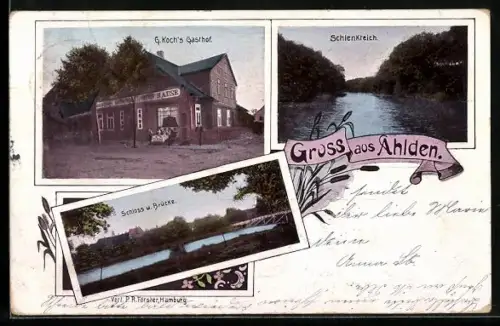 AK Ahlden, G. Koch`s Gasthof, Schlenkteich, Schloss und Brücke