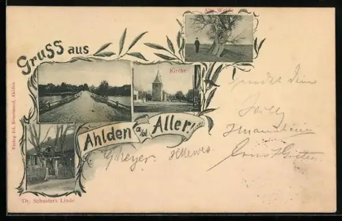 AK Ahlden a. d. Aller, Kirche, Dr. Schusters Linde, Alte Weide, Strassenpartie
