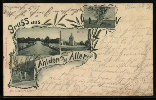 AK Ahlden a. d. Aller, Dr. Schusters Linde, Strassenpartie, Kirche