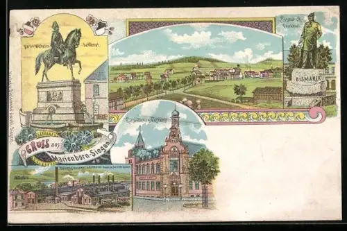 Lithographie Marienborn-Siegen, Kaiser Wilhelm Denkmal, Kaiserliches Postamt, Walzengiesserei Gustav Contermann