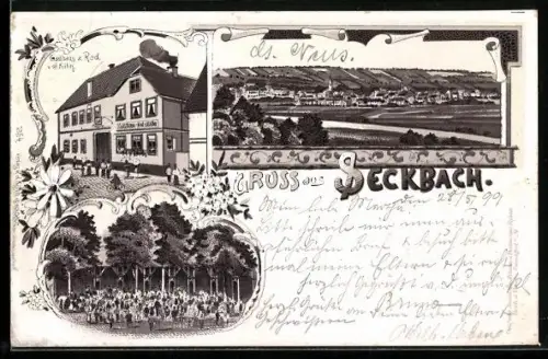 Lithographie Frankfurt-Seckbach, Gasthaus z. Rad. v. J. Kühn, Ortspanorama mit Kirche