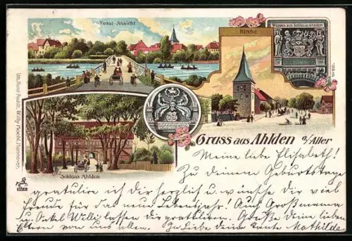 Lithographie Ahlden a. Aller, Schloss Ahlden, Kirche, Wappen am Schlosse Ahlden