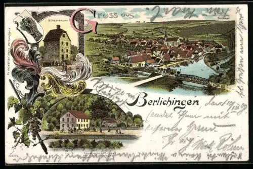 Lithographie Berlichingen, Restaurant z. Brücke, Götzenthurm, Ortsansicht mit Brücke