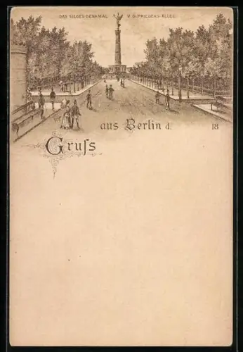 Lithographie Berlin, Siegessäule, Friedens-Allee, frühe Lithografie