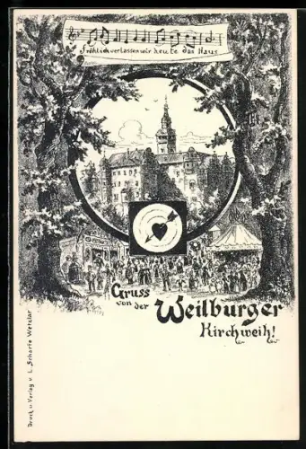 Lithographie Weilburg, Weilburger Kirchweih, Zielscheibe mit Herz