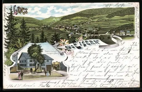 Lithographie Eisern, Gastwirtschaft v. Heinr. Marx, Ortsansicht