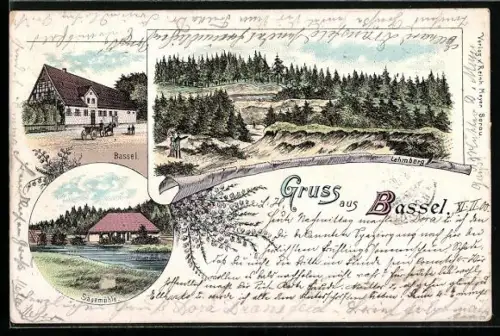 Lithographie Bassel, Lehmberg, Sägemühle, Gebäude