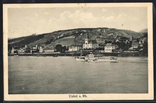 AK Unkel a. Rh., Wasserpartie mit ufernahen Gebäuden und Schiff