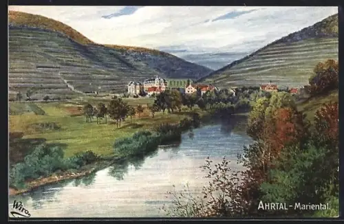 Künstler-AK Mariental /Ahrtal, Gesamtansicht des Ortes mit Flusspartie
