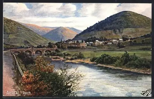 Künstler-AK Rech /Ahr, Flusspartie gegen Ortschaft