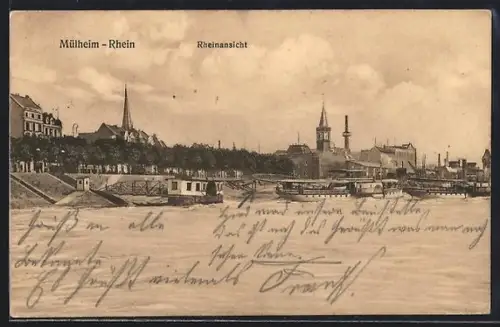 AK Mülheim /Rhein, Rheinansicht des Ortes mit Schiffen
