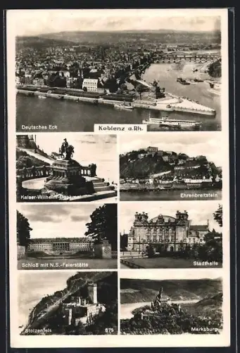 AK Koblenz a. Rh., Deutsches Eck, Stadthalle, Marksburg