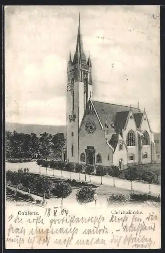 AK Coblenz, Christuskirche mit Strasse u. Anlage