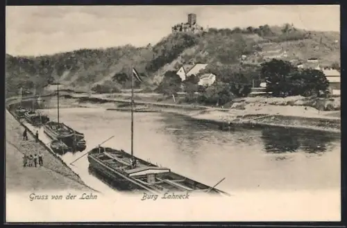 AK Lahnstein, Burg Lahneck, Flusspartie mit Frachtern