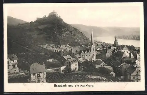 AK Braubach, Blick auf Teil des Ortes und zur Marxburg