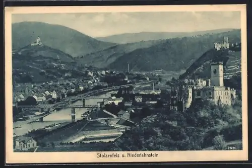 AK Niederlahnstein, Ortsansicht mit Brücke und Burg Stolzenfels