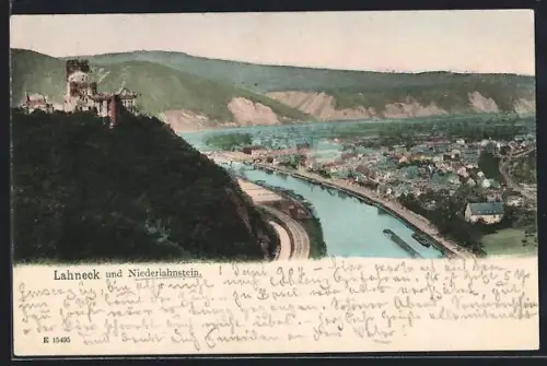 AK Niederlahnstein, Ortsansicht mit Lahneck aus der Vogelschau