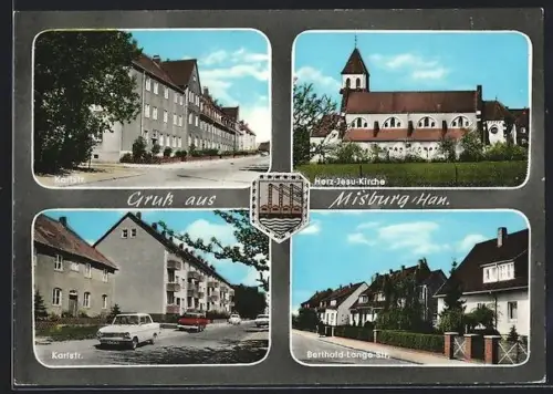 AK Misburg /Han., Karlstrasse, Berthold-Lange-Strasse, Wappen