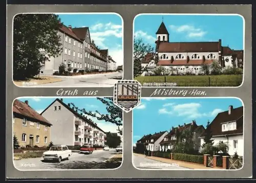 AK Misburg /Han., Herz-Jesu-Kirche, Karlstrasse, Berthold-Lange-Strasse, Wappen