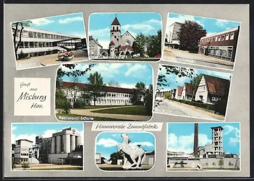 AK Misburg /Han., Hannoversche Zementfabrik, Pestalozzi-Schule, Kreissparkasse