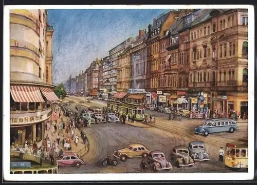 Künstler-AK Köln-Neustadt, Hohenzollern-Ring mit Auto-Verkehr und Strassenbahn