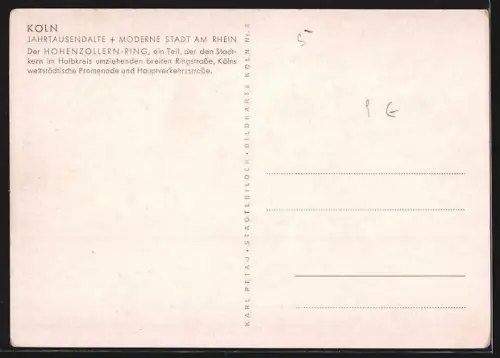 Künstler-AK Köln-Neustadt, Hohenzollern-Ring mit Auto-Verkehr und Strassenbahn