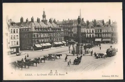 AK Lille, La Grande Place et la Bourse, Strassenbahn