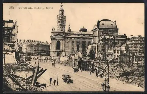 AK Lille, Rue Faidherbe, Théâtre et Bourse, Strassenbahn