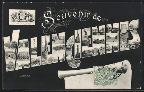 AK Valenciennes, Schriftzug mit Kirche, Denkmal und Strassenpartie