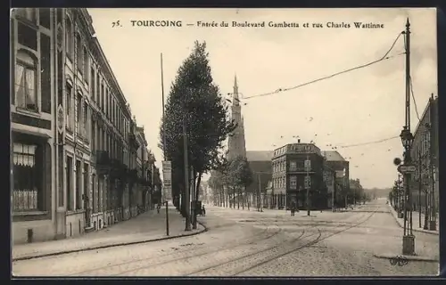 AK Tourcoing, Entrée du Boulevard Gambetta et rue Charles Wattinne