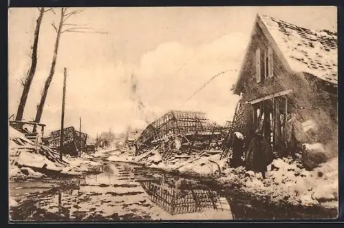 AK Miraumont /Somme, Zerstörte Ortspartie im Winter