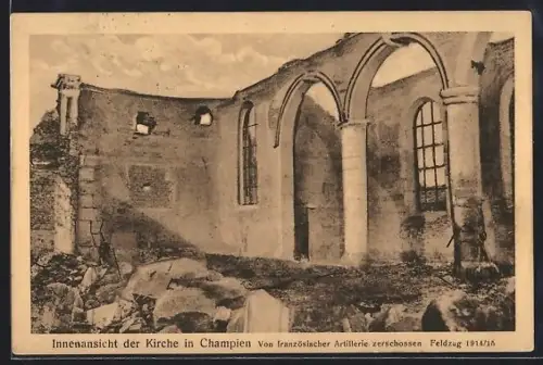AK Champien, Innenansicht der Kirche, Von französischer Artillerie zerschossen, Feldzug 1914-15