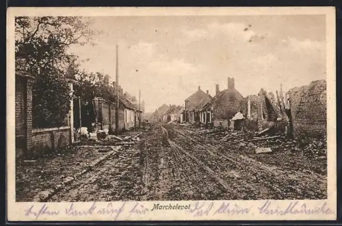 AK Marchelepot, Strassenpartie mit zerstörten Häusern