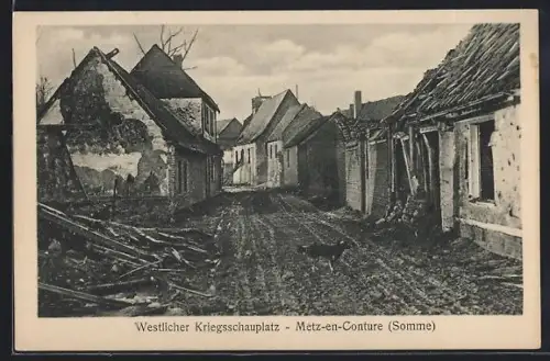 AK Metz-en-Conture /Somme, Westlicher Kriegsschauplatz, Strassenpartie mit zerstörten Häusern
