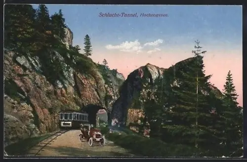 AK Schlucht-Tunnel, Hochvogesen, Ortspartie mit Strassenbahn u. Automobil