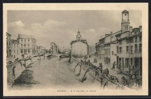 Künstler-AK Épinal, À 5 heures du matin, Partie au bord du canal